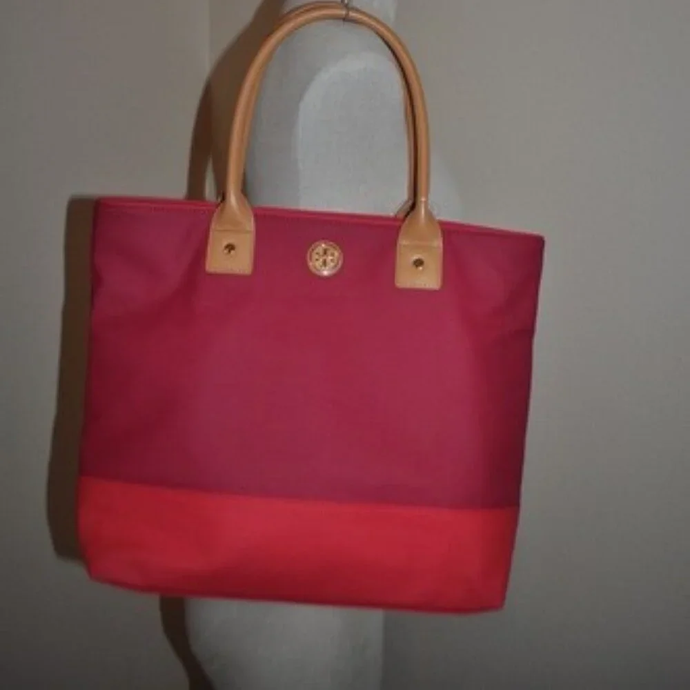 NEW Tory Burch JAYDEN Dipped Canvas Leather Tote Medium Bag Red Auburn Carmine - Picture 2 of 5